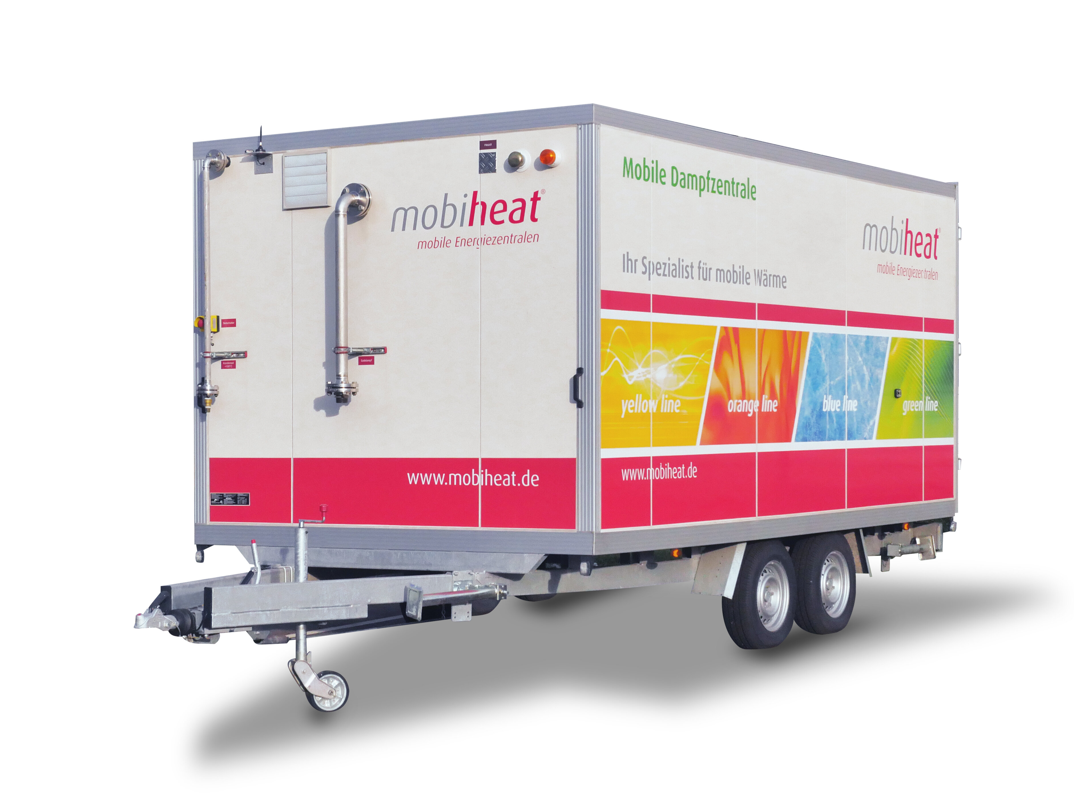mobile Dampfanlage im großen, weißen Kofferanhänger mit mobiheat Beklebung | © mobiheat GmbH