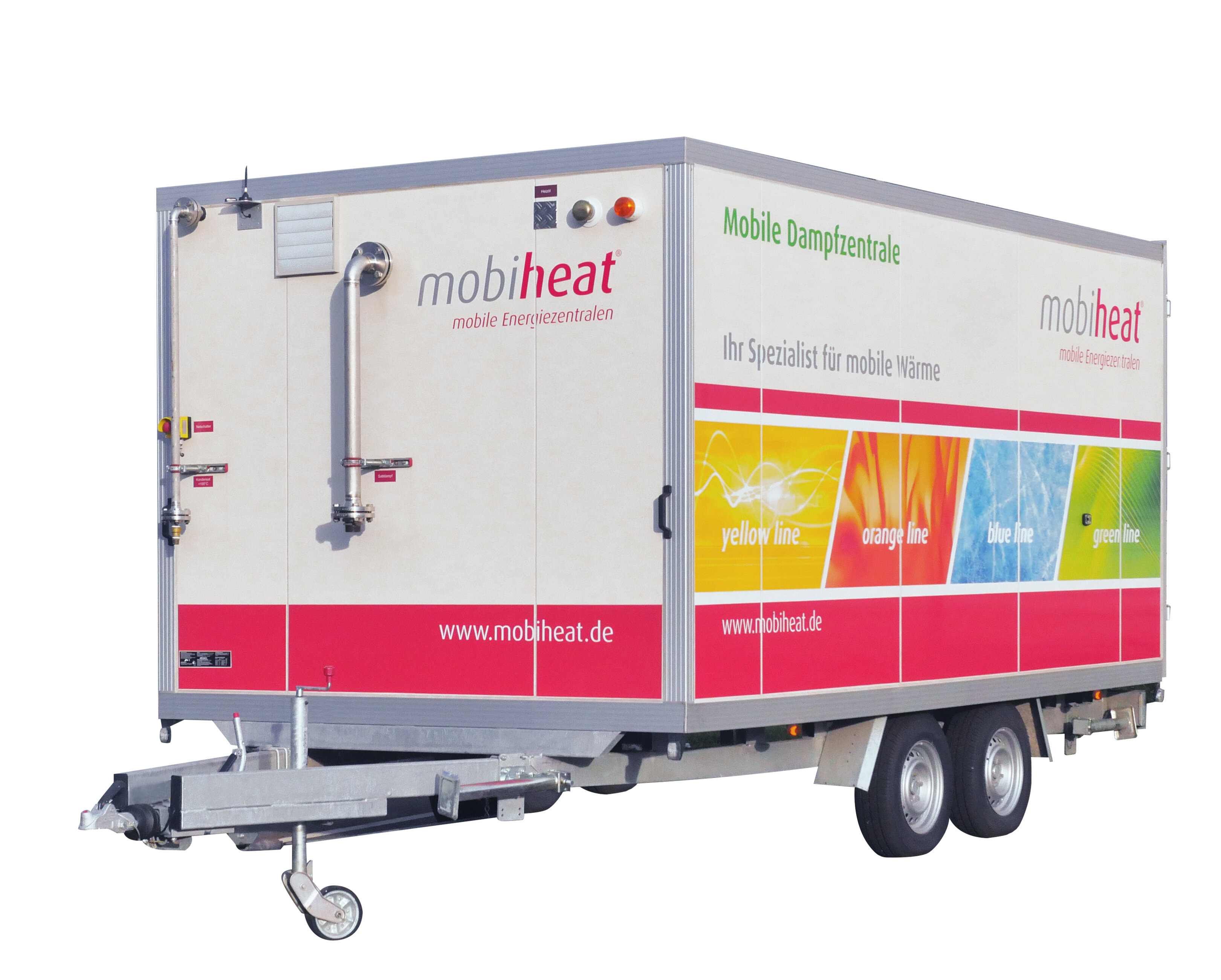 mobile Dampfanlage im großen, weißen Kofferanhänger mit mobiheat Beklebung | © mobiheat GmbH