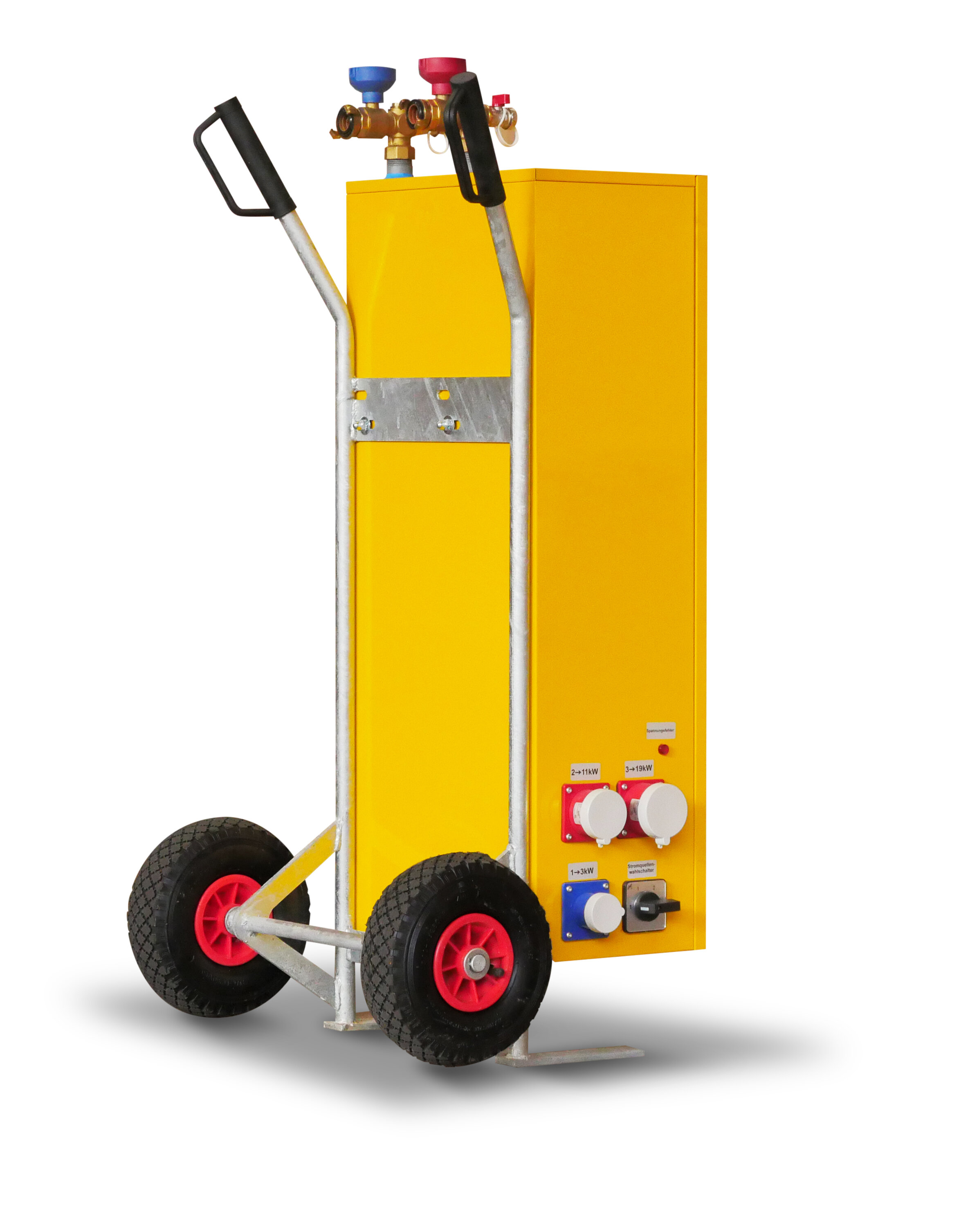 Gelbes Elektroheizmobil von mobiheat, Rückseite mit Anschlüssen sichtbar | © mobiheat GmbH