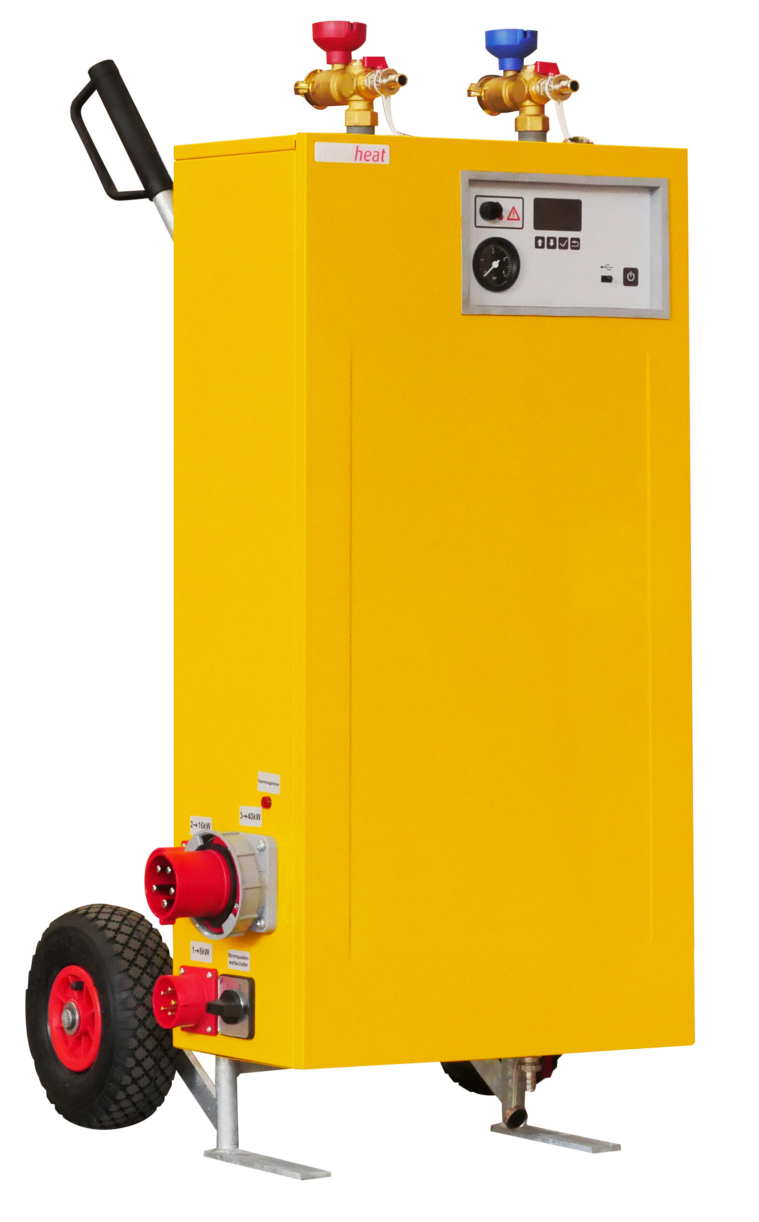 Großes Gelbes Elektroheizmobil von mobiheat frontal, rechte Seite mit Anschlüssen sichtbar | © mobiheat GmbH
